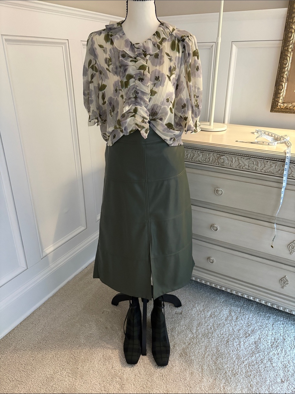 CAbi Olive Green Faux Leather Midi Skirt with Front Slit